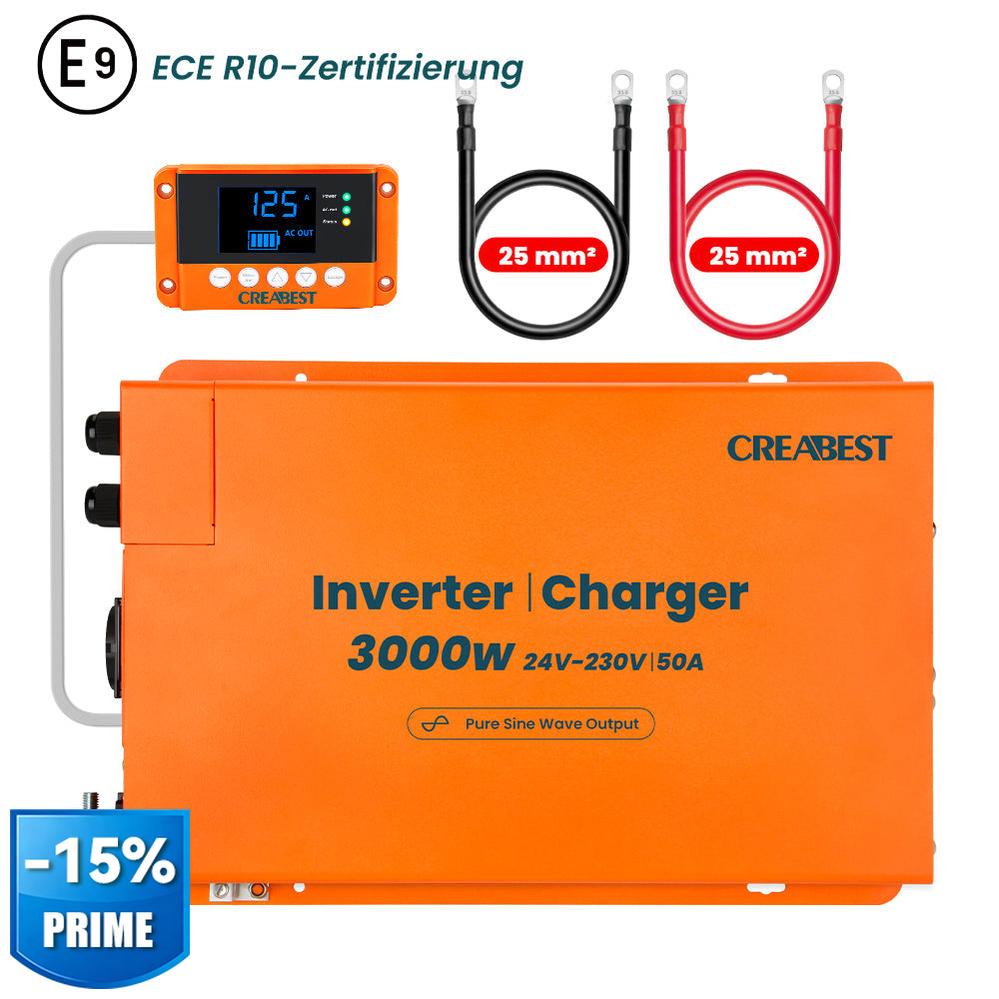 CREABEST 3000W Inverter 24V 230V till Husbil Biltema Ren Sinus Med laddare 50A, Jordfelsbrytare, Nätprioritetsläge, UPS, R10, 2X Batterikabel 25 mm²