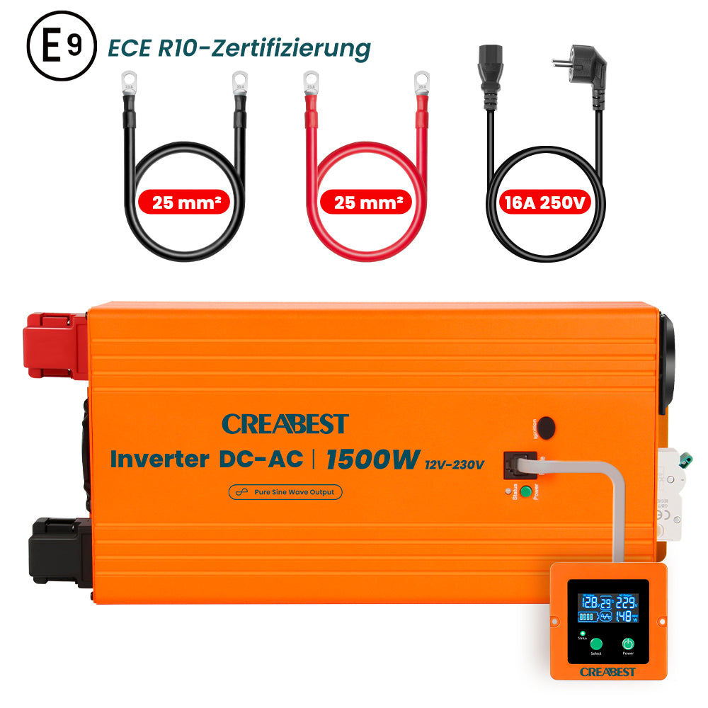 CREABEST 1500W Inverter 12v 230v till Husbil Biltema Ren Sinus Med Jordfelsbrytare, Nätprioritetsläge, UPS, R10, Strömkabel & 2X Batterikabel 25 mm²