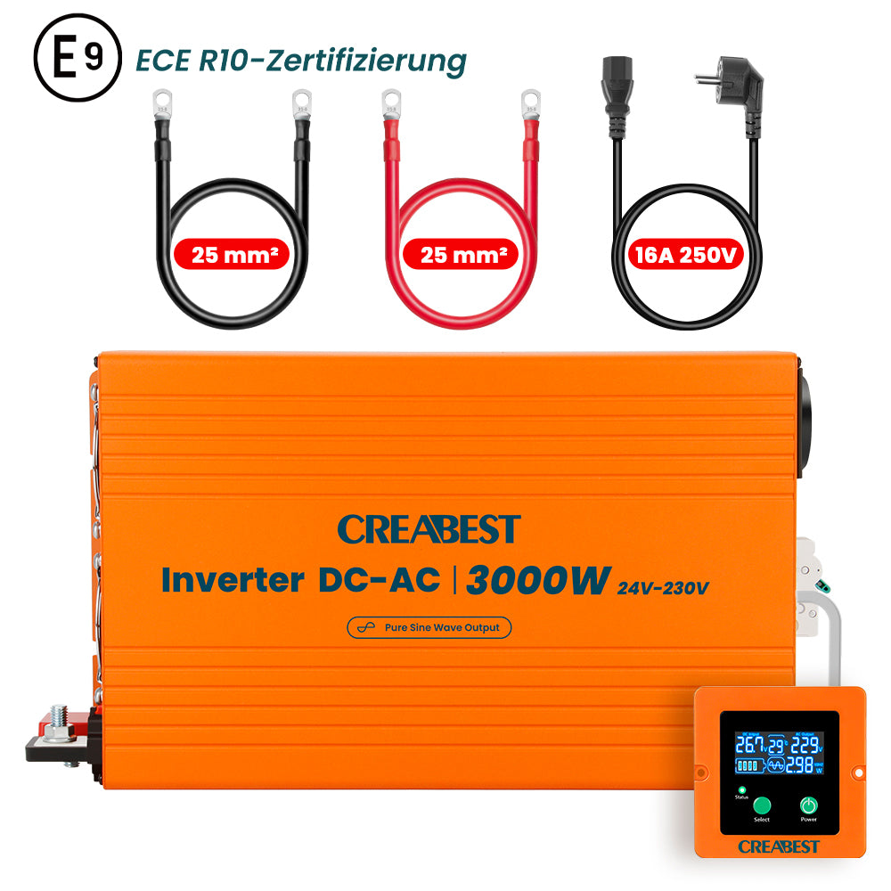 CREABEST 3000W Inverter 24V 230V till Husbil Biltema Ren Sinus Med Jordfelsbrytare, Nätprioritetsläge, UPS, R10, Strömkabel & 2X Batterikabel 25 mm²