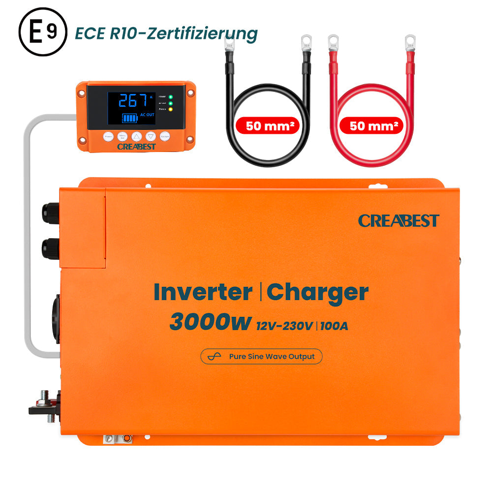 CREABEST 3000W Inverter 12v 230v till Husbil Biltema Ren Sinus Med laddare 100A, Jordfelsbrytare, Nätprioritetsläge, UPS, R10, 2X Batterikabel 50 mm²