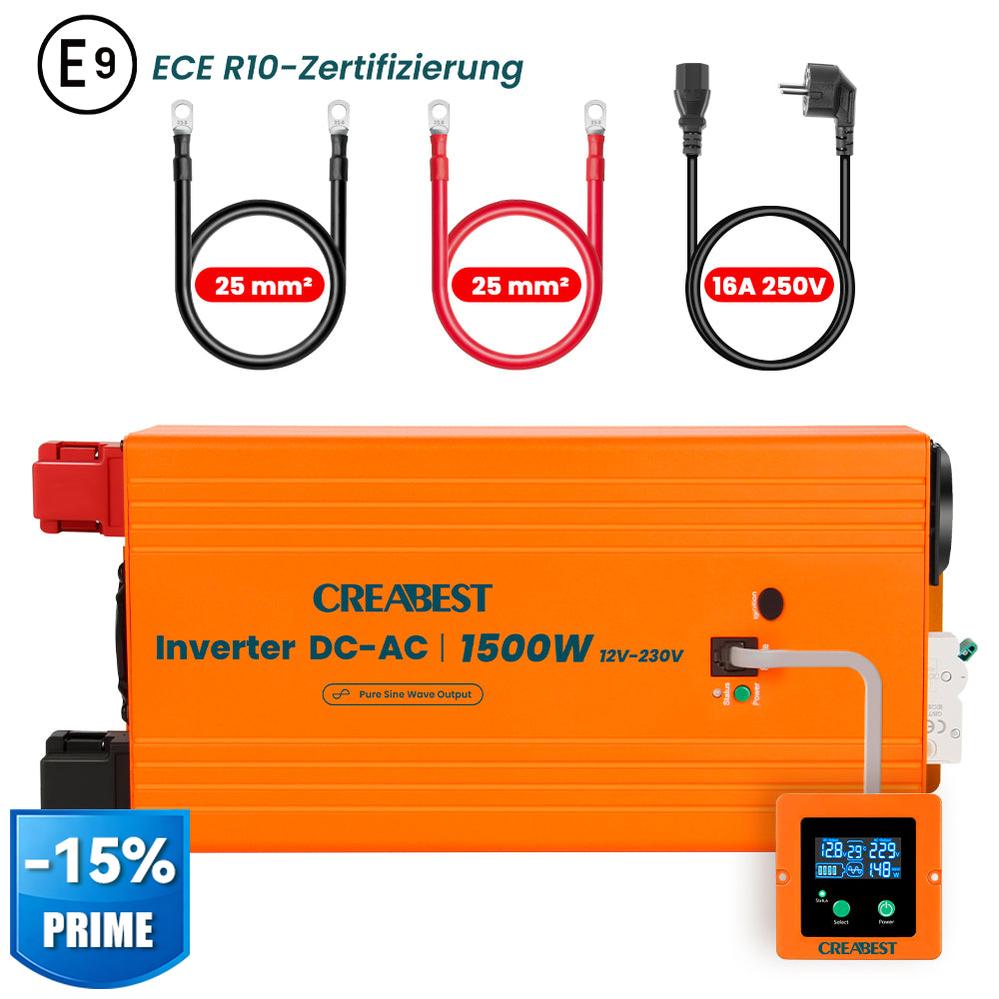 CREABEST 1500W Inverter 12v 230v till Husbil Biltema Ren Sinus Med Jordfelsbrytare, Nätprioritetsläge, UPS, R10, Strömkabel & 2X Batterikabel 25 mm²